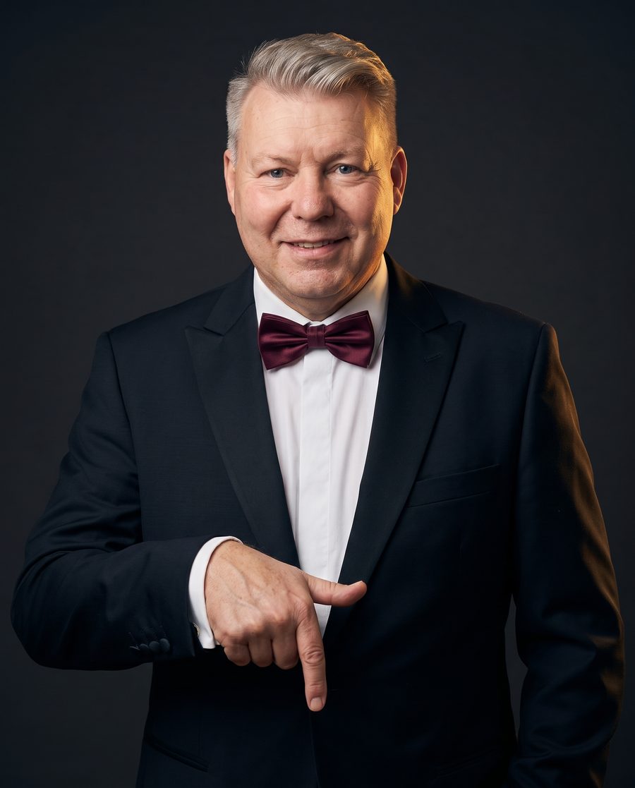 KI-generiert: René Winkler im Smoking mit bordeauxroter Fliege zeigt mit dem Zeigefinger nach unten zu den Highlights des Career Hub.